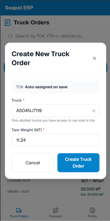 Create truck order on mobile