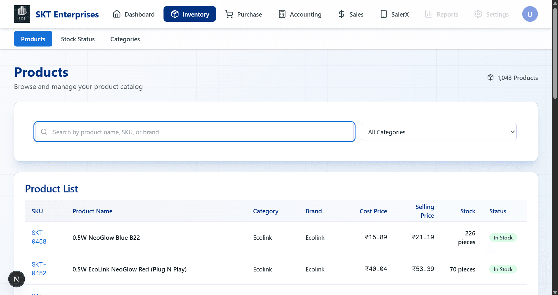 Product catalogue and stock levels
